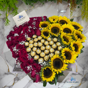 Corazon Premium con Rosas, Ferreros y Girasoles
